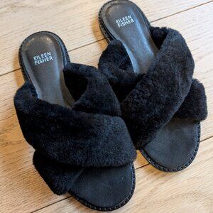 Eileen Fisher Shearling criss cross open toe slippers
